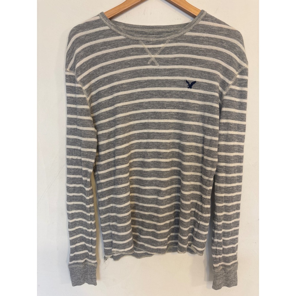 American Eagle Outfitters Mens Grey White Striped Waffle Knit Thermal Shirt M